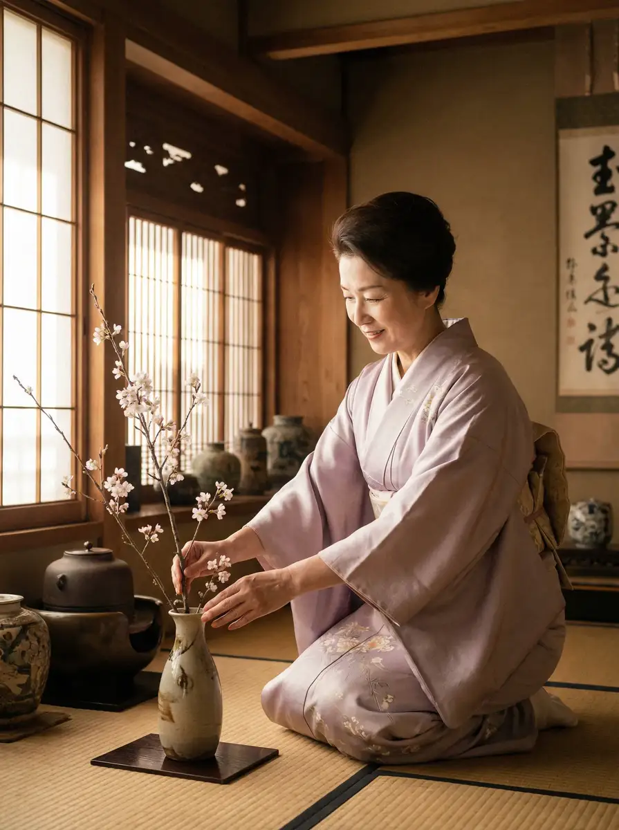 一位优雅的 《五一黑料》五一黑料官方网站::最新五一黑料自媒体分享平台 在和室中插花